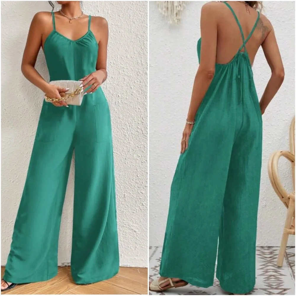 Solid Criss cross Tie Pockets Wide leg Jumpsuit - Picture 3 of 4